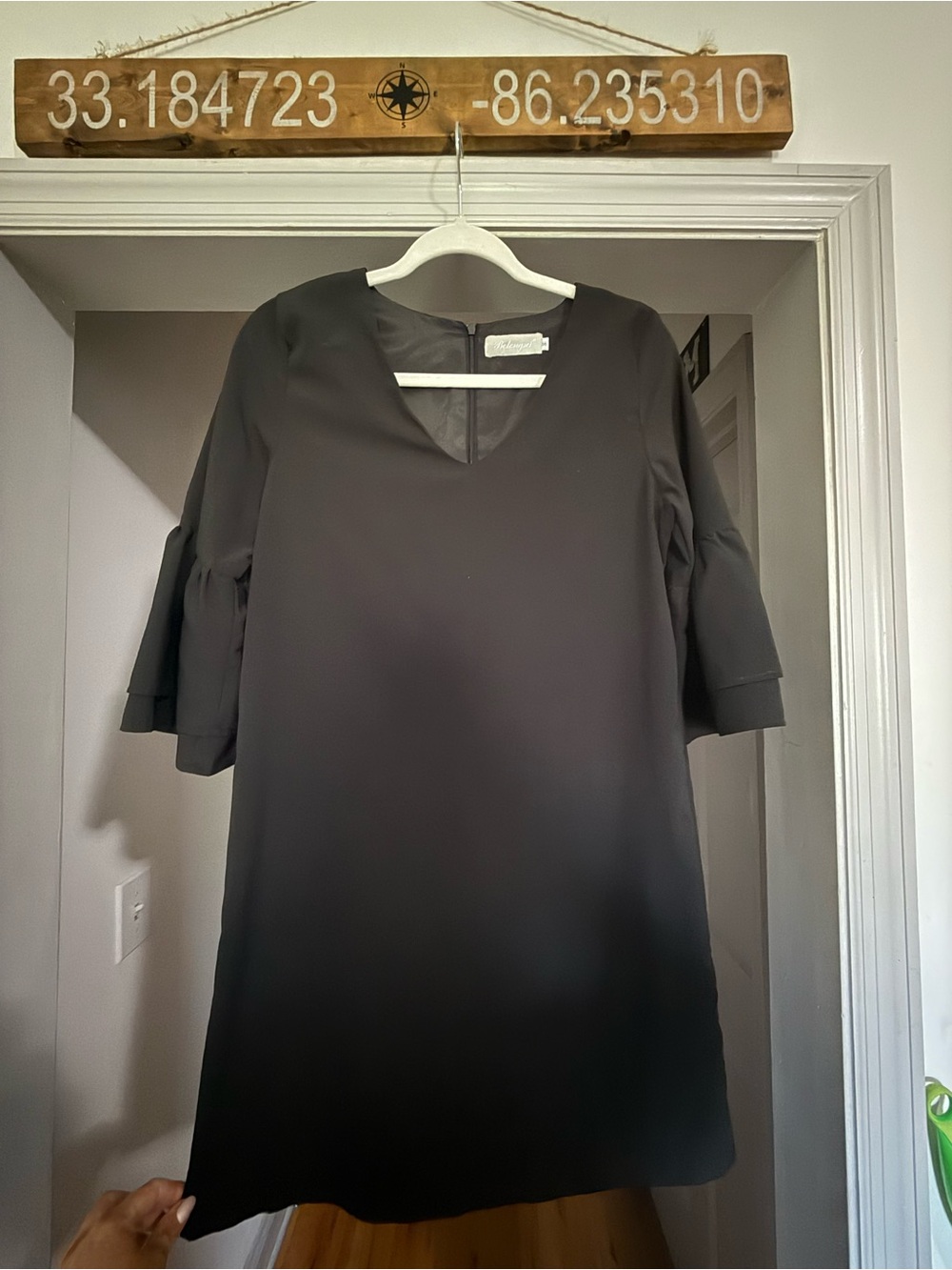 Black V-Neck Mini Dress with Tiered Elbow Sleeves